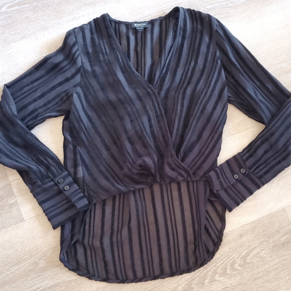 WORTH NY Blouse Black Chenille Stripe High/Low Drape Front Cotton Blend -  Sz 2